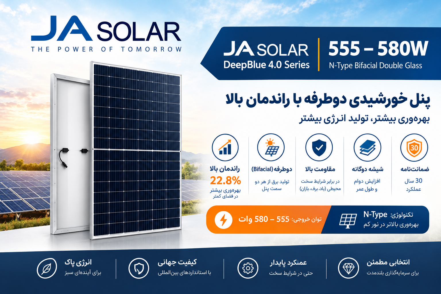 پنل خورشیدی JA Solar | سری DeepBlue 4.0 با توان خروجی 555 تا 580 وات